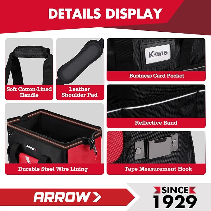 ARROW 16" Tool Bag Organizer with Anti-Slip Feet, Tool Bags for Men Heavy Duty, Wide Open Mouth, Large Capacity with 13 Pockets, Portable Toolbag for Electrician Mechanic Plumber HVAC