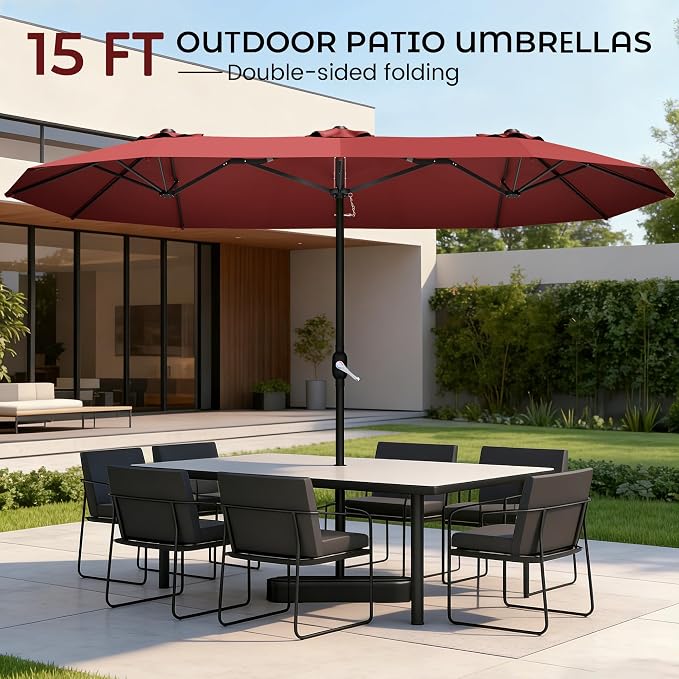 DomeShade 15ft Red Patio Umbrella with Base Included,Rectangle Double Extra Large Table Umbrella Outdoor Giant Umbrella for Porch Pool Lawn Deck,Market,Backyard Outside,Burgundy Red