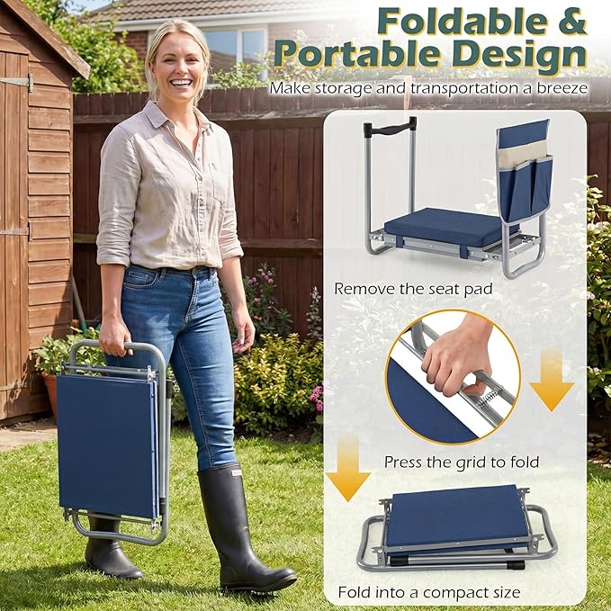 Goplus Foldable Garden Kneeler and Seat, 11" Wide 2-in-1 Gardening Bench, Detachable Thick EVA Foam Pad, 350 lbs Heavy-Duty Metal Frame, Tool Pouch, Portable Stool, Gardening Kit for Seniors (Blue)