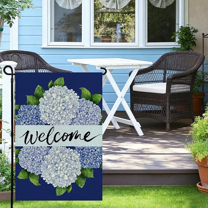 Spring Summer Garden Flag 12x18 Inch Double Sided, Hydrangea Floral Welcome Flag for Yard Outdoor Decoration
