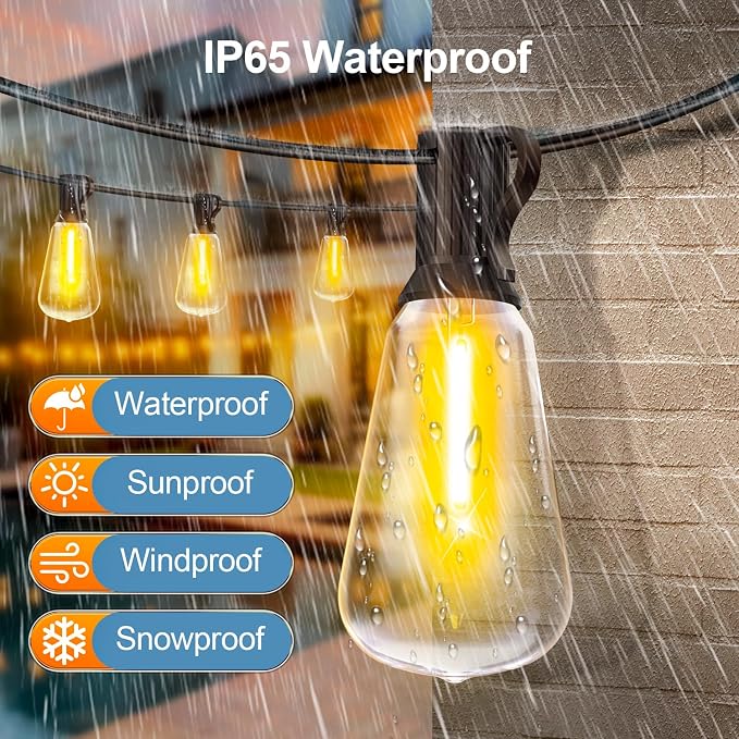 Outdoor String Led Patio Lights - 50Ft 15M Outside Waterproof Light With Remote Dimmable ST38 Shatterproof Bulb Connectable Hanging Outdoor Electric Lighting For Backyard Yard Gazebo Porch Party