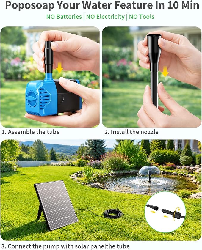 POPOSOAP 12W Solar Water Fountain Pump, 160GPH Submersible Solar Pump with 4 Nozzles & 16.4FT Cable, Dry Run Protection Solar Pond Pump for Bird Bath, Garden Pond, Fish Tank, DIY Water Feature-P112L