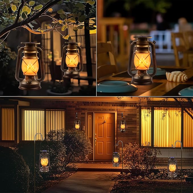 Solar Lanterns Outdoor Waterproof 4 Pack Bronze Vintage Lanterns with Dancing Flame Led Hanging Lights Decor,Lamps for Porch Garden Yard Pathway Camping