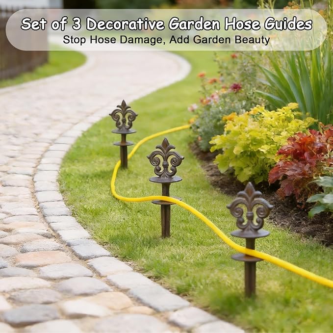 Cast Iron Hose Guide Stakes, Set of 3 Vintage Brown Metal Decorative Hose Guides Spike for Lawn Garden Yard
