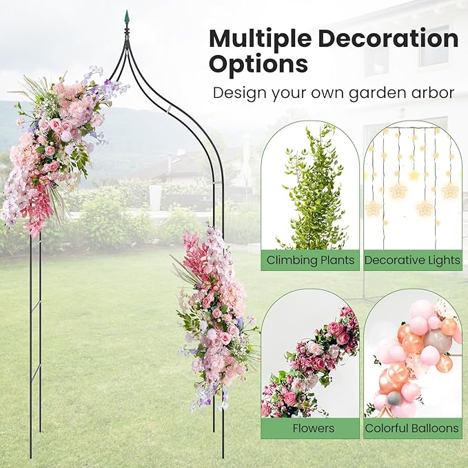 COSTWAY 9.5 FT Metal Garden Arbor for Climbing Plants, Gothic Style Decorative Garden Arch for Vine Rose, Outdoor Arbour Archway for Garden Lawn Backyard, Wedding Ceremony Party Decoration, Black (1)