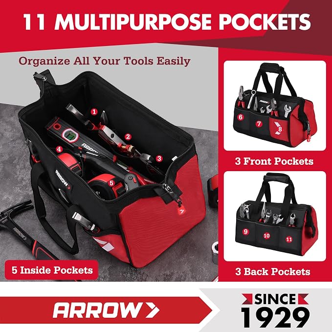 ARROW 14" Heavy Duty Tool Bag with Anti-Slip Feet, Tool Organizer Bag with Reflective Band, 840D Oxford Fabric, Multiple 11 Pockets, Soft Tool Bag for Men Women Electrician Mechanic Plumber HVAC