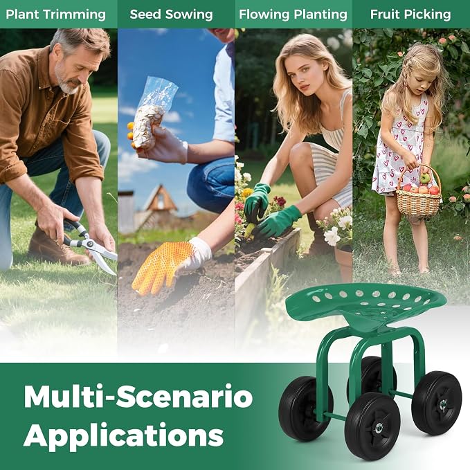 Rolling Garden Seat, Garden Cart with 360° Swivel Work Seat & Adjustable Height, Heavy Duty Garden Seat with Wheels for Lawn Yard Patio Greenhouse Planting Cleaning (Green)