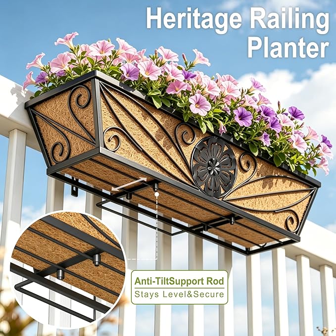 4 Pack 24 Inch Railing Planter Boxes with Coco Liner, Floral Scroll Metal Window Box Planters for Outdoor Plants, Black Hanging Window Baskets for Garden, Patio, Balcony Railing Decor