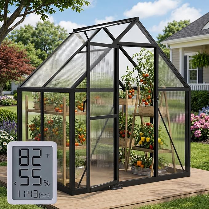 WUKHG 6×4FT Small Greenhouse with Thermometers, Enhanced Aluminum Small Greenhouse for Outdoors and Garden Planting, Green Houses for Outside Withstands Bad Weather to Protect Vegetable or Plants