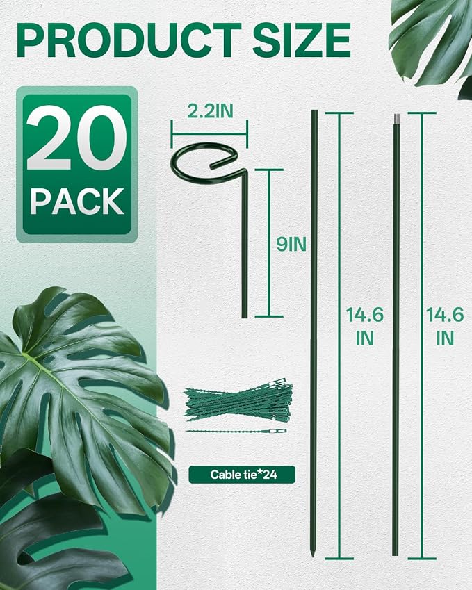 Breeze Touch 20 Pack Plant Stakes, 35.4 Inch Plant Support Stakes with 15 Twist Ties, Plant Sticks Support, Flower Stakes for Plants Peony, Tomato Seedling, Marigold, Amaryllis, Sapling, Coreopsis