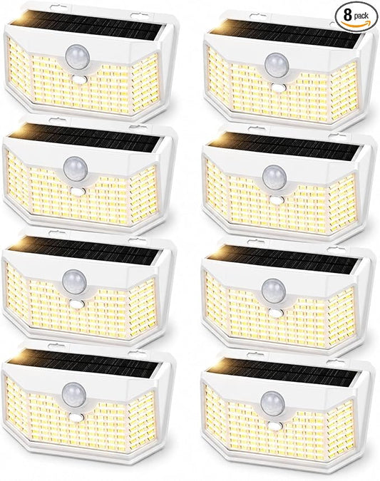 HMCITY 120 LED Solar Lights Outdoor with Motion Sensor and 3 Lighting Modes, IP65 Waterproof Wide Solar Wall Lights Ideal for Garden Patio Yard (Front Button 8Packs, White Shell-Warm White)