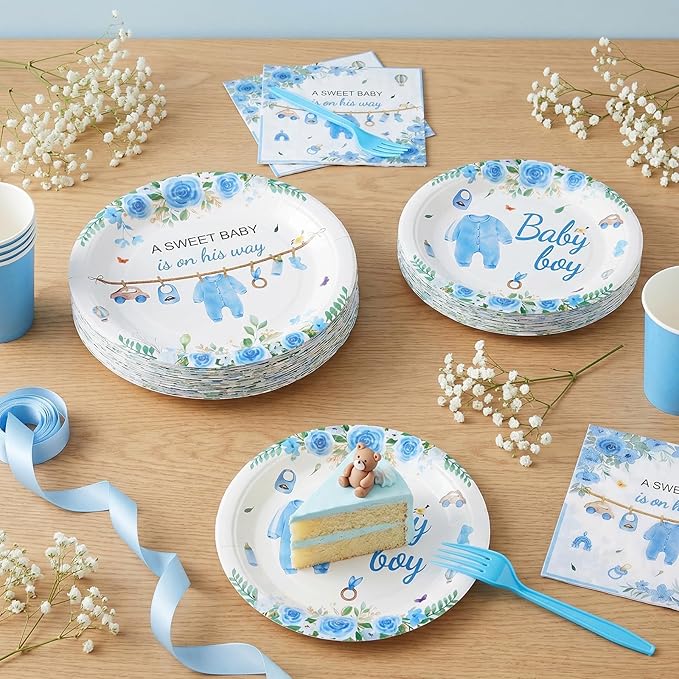 96 Pcs Wildflower Party Decorations Plates and Napkins Forks Floral Blue Disposable Paper Tableware Set for Birthday Flower Gender Reveal Spring Garden Party Supplies for 24 Adult Guests