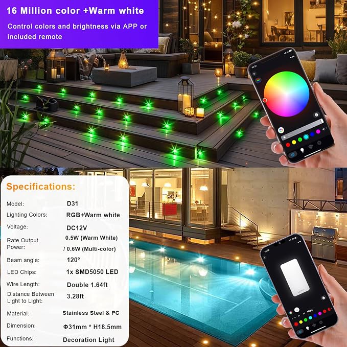 Sumaote LED Deck Lights Kit, 6 pcs 1.22 Inch WiFi Smart Phone Control Recessed RGBW Deck Lighting Outdoor Waterproof Low Voltage Landscape Lighting for Floor Stairs Steps Path Patio Decor, Black