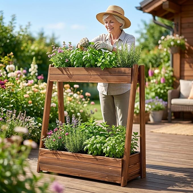 2-Tier Elevated Raised Garden Bed, 36" H Fir Wood Planter Box with 23" Large Growing Space, Drainage Holes & Non-Woven Liner, Outdoor Flower Bed & Herb Garden Planter for Patio Balcony Backyard