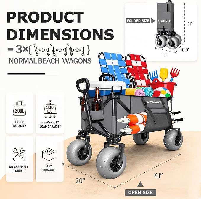 X800 Heavy Duty Beach Wagon with 9x4 Balloon Wheels – 200L Foldable Wagon Cart, 41" Collapsible Utility Wagon with Side Bag for Beach Essentials, Sports, Camping & Outdoor (Charcoal Gray)