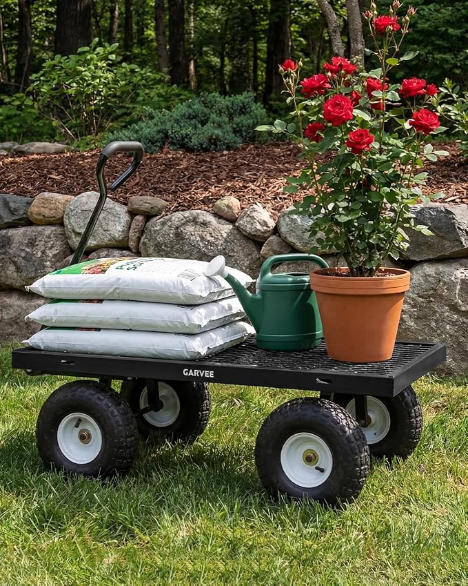 Garvee Versatile Outdoor Utility Cart-800LBS Heavy-Duty, 10" All-Terrain Pneumatic Tires, Easy Maneuverable Lawn Cart with Removable Mesh Panels for Gardening&Landscaping, Black, with Waterproof Liner