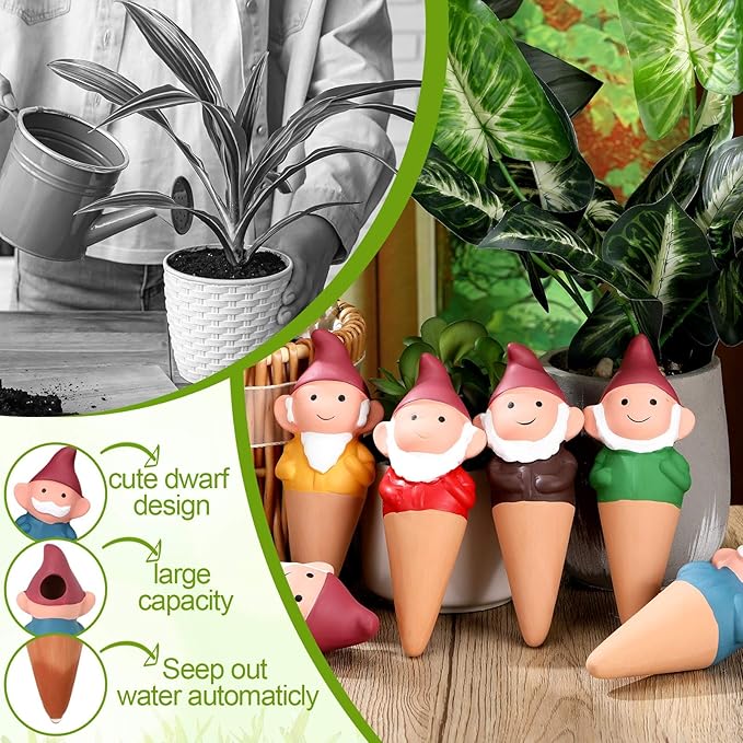 Teenyyou 7 Pcs Terracotta Self Watering Spikes Gnomes Auto Water Planter Insert Small Watering Globes Slow Vacation Garden Waterer Cute Devices for Indoor Outdoor House Plant Accessories