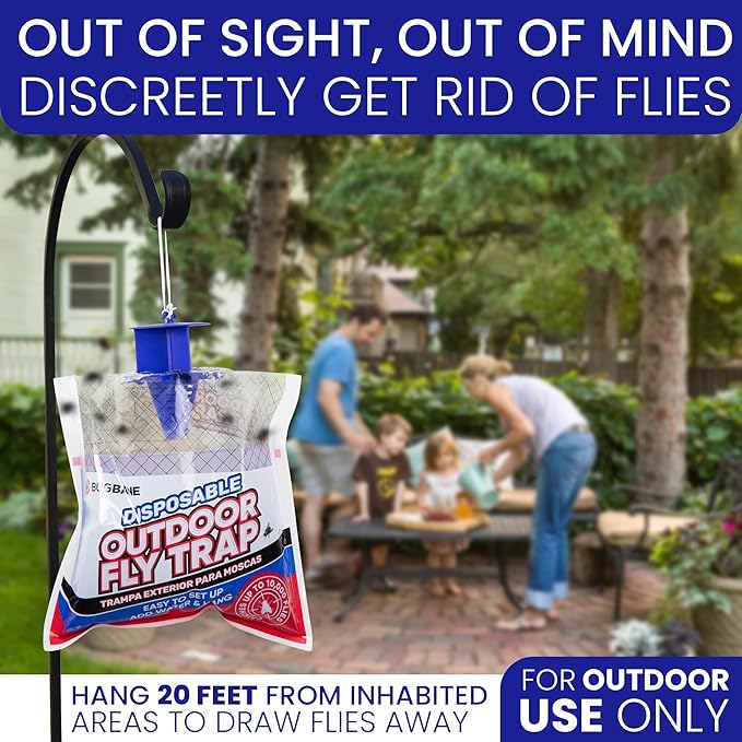 Fly Traps Outdoor Fly Trap for Patio. 4 Non-Toxic Pre-Baited Flies Bags Outdoor Disposable. Hanging Bug Catchers for All Filth Flies Killer for Outside Bug Control in Yard Horse Ranch Trash Can.