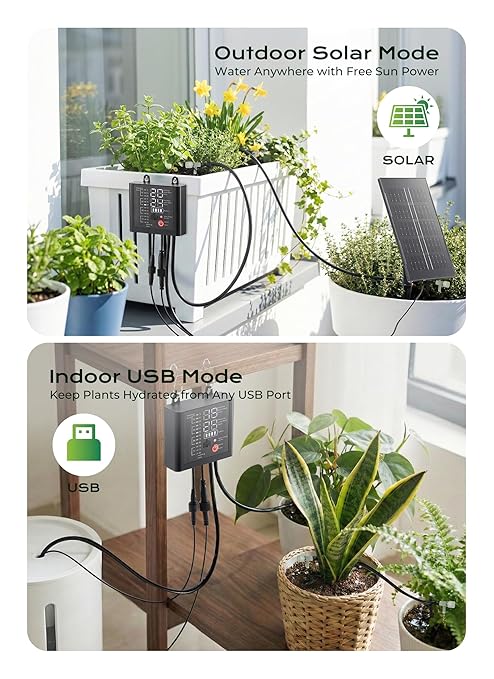 Solar Drip Irrigation System with USB Charging, 49FT Plant Watering Devices for 15 Potted Plants, Automatic Watering System IP44 Waterproof 2200mAh for Garden Farm Greenhouse(Black)
