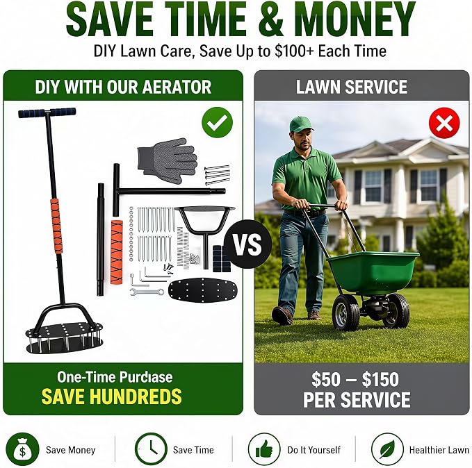 Upgraded Lawn Aerator Tool, 17-Spike Manual Grass Aerator with Automatic Dirt Clean & Double-Layer Spring, Heavy Duty Soil Loosener with T-Handle, Yard Lawn Care Tool, Includes Gloves
