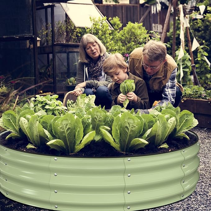 Winpull Raised Garden Bed Kit, 4x4x1 ft Round Galvanized Planter Box Outdoor with Safety Edging, Large Metal Raised Beds for Gardening Vegetables Flower Fruits (Avocado Green)