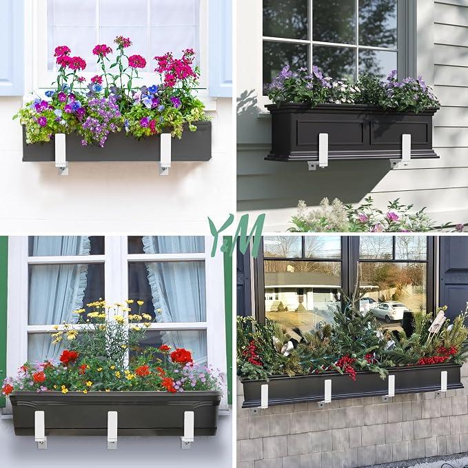 Y&M 6 PCS Adjustable Window Box Brackets for Planter Box, Heavy Duty Wall Mounted Hooks Hangers for Flower Baskets Holder Durable, Brackets for Fence Patio Garden Balcony