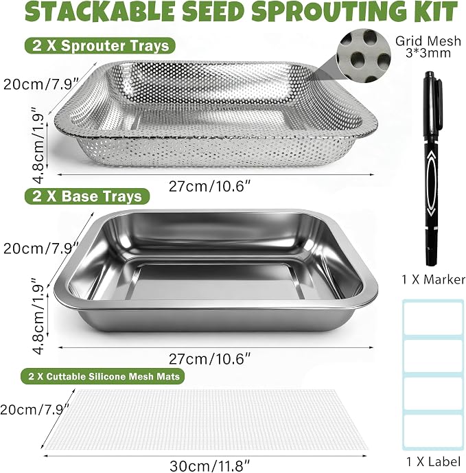 2 Pack Stainless Steel Seed Sprouter Trays, 2-Tier Soil-Free Microgreens Growing Kit, Rust-Free Sprouting Tray with Mesh Pads for Sprouts Beans Alfalfa Wheatgrass (10.6" x 7.9" x 1.9")