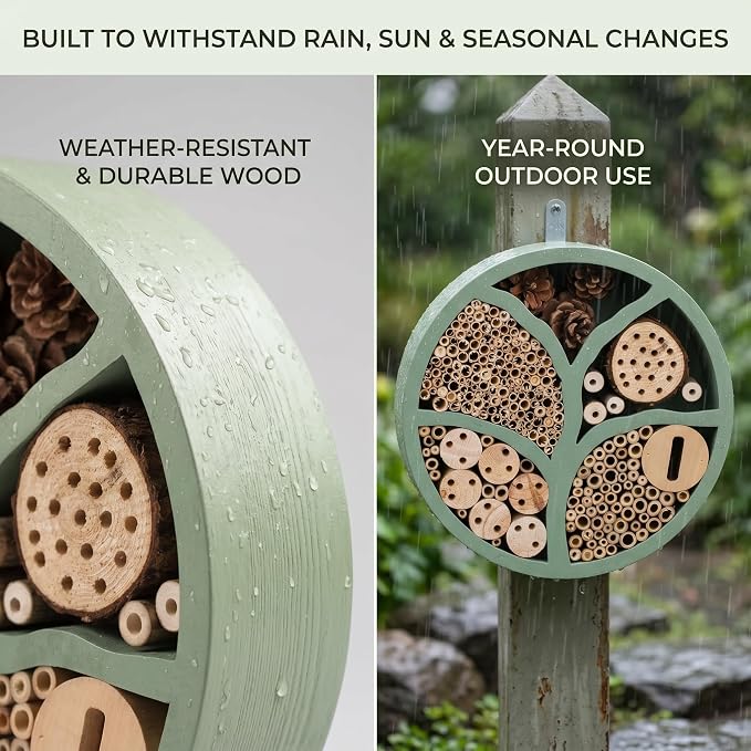 Topadorn Tree of Life Wooden Insect Hotel, 11.5" Multi-Habitat Bee House for Pollinators, Outdoor Garden Decor