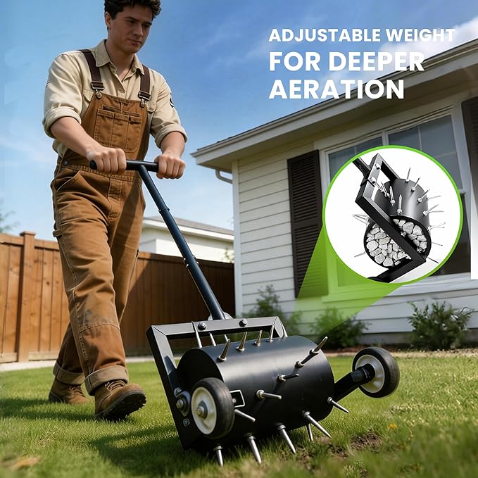 Rolling Lawn Aerator, Heavy Duty Spike Aerator Tool for Lawn & Yard, Manual Push Soil Aerator with Wheels for Garden Lawn Care, Grass Root Growth & Soil Aeration