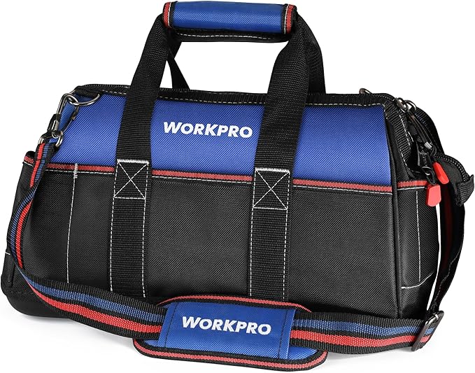 WORKPRO 16-inch Wide Mouth Tool Bag, Heavy Duty Cloth Tool Storage Bag with Water Proof Molded Base, Adjustable Shoulder Strap, Father Day Gifts for Men