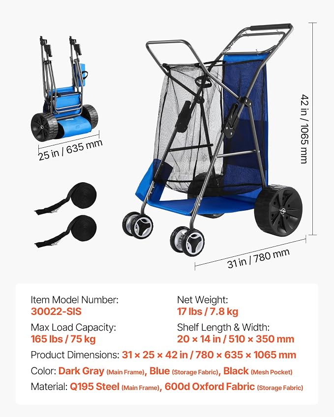 VEVOR Beach Cart, 165LBS Load Capacity, Portable Folding Beach Wagon Dolly with 10" Solid Wheel for Sand, Insulated Cooler Bag, Large Mesh Bag&Umbrella Holder for Outdoor Camping Fishing