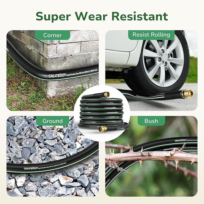 GreatBuddy Garden Hose 75ft, 5/8" Water Hose Heavy Duty, Flexible, Lightweight Hybrid Hose, Burst 600 PSI with Solid Brass Male to Female Fittings Leakproof Hose for Backyard, Garden