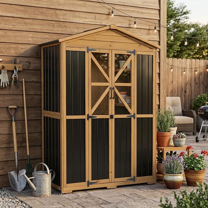 Outdoor Wooden Storage Shed Cabinet with 6 Adjustable Shelves | 48.8'' Tall Outdoor Cabinets with Lockable Double Doors, Transparent Window, Hooks, Reinforced Structure, Waterproof Roof
