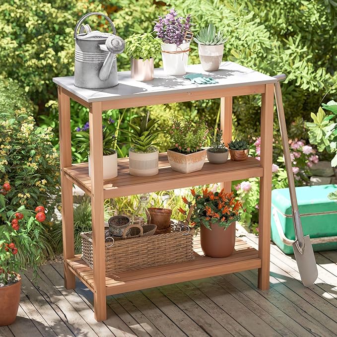 Giantex 3-Tier Outdoor Potting Bench, Acacia Wood Planting Workstation with Faux Marble Tabletop, Open Storage Shelves, 300LBS Capacity, Garden Potting Table for Horticulture
