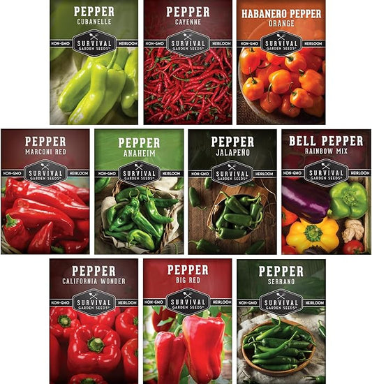 10 Pepper Seed Packs for Planting | Jalapeño, Serrano, Cayenne, Bell, Habanero, Cubanelle, & More – Hot & Sweet Heirloom Non-GMO Peppers Collection – Survival Garden Seeds