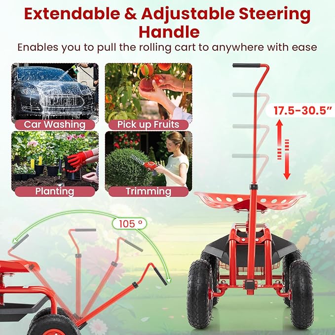 IRONMAX Garden Cart with Seat, Gardening Rolling Stool Scooter with 10’’ All-Terrain Wheels, Adjustable Steering Handle & Tool Tray and Basket for Outdoor Planting (Red)