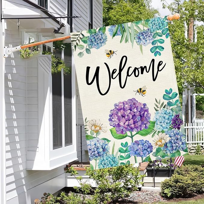 Baccessor Spring Summer Hydrangea House Flag Double Sided 28x40 Inch, Blue Purple Flower Floral Welcome Garden Flag Burlap Vertical Seasonal Farmhouse Yard Outdoor Decoration (Large)