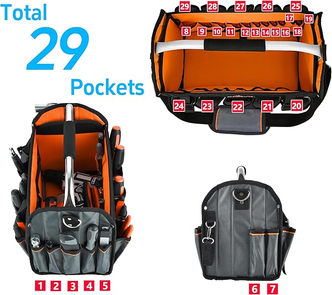 16-Inch Open-Top Tool Tote, 29-Pocket Pro Bag for All Trades | Trusted by Electricians, Plumbers & HVAC pros. Built with 1680D fabric & a padded handle for a comfortable, heavy-load carry