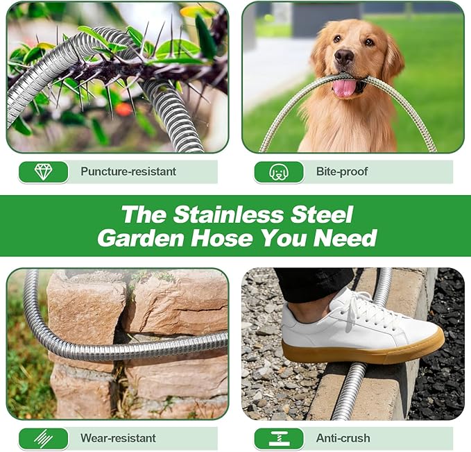 Garden Hose 50FT, Flexible Stainless Steel Metal Water Hose with 10-Function Nozzle, No-Kink, Leak-Proof, Wear-Resistant, 3/4 GHT, Easy to Use and Store for Garden, Yard, Lawn, Outdoor