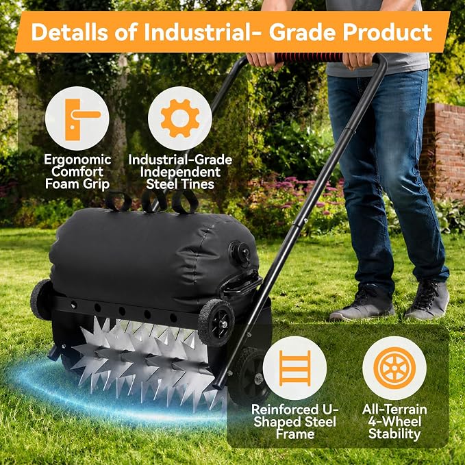 Push Spike Aerator, Heavy Duty Lawn Aerator with 4 Wheels, Rolling Manual Yard Tool with Weight Tray and Steel Handle for Compacted Soil, Garden and Grass Maintenance (22.5-Inch)