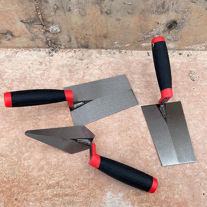 3 Pack Masonry Hand Tool Set, 5” Brick Pointing Trowel, 5.6” and 7” Bucket Margin Trowel, Carbon Steel Bricklaying Hand Tool for Concrete, Cement, Plaster, Tile Construction Projects