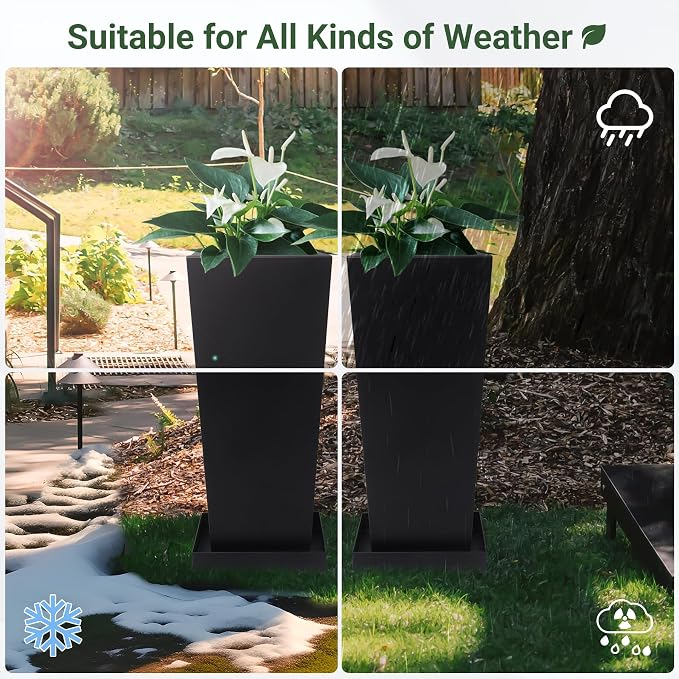 28" Metal Tall Outdoor Planters Set of 2, Durable & Wealtherproof | Tall Planters with Drainage Insert Shelve & Trays, Black Outdoor Planters for Porch, Garden, Yard