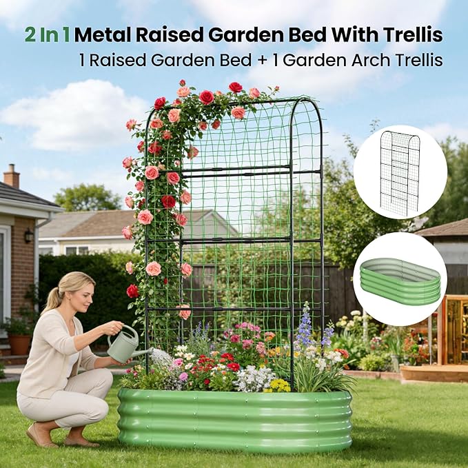 2 in 1 Galvanized Raised Garden Bed with 71" H Arch Trellis for Climbing Plants, Outdoor Gardening Planter Box with Climbing Net for Flowers Vegetables Fruits Herbs, Green