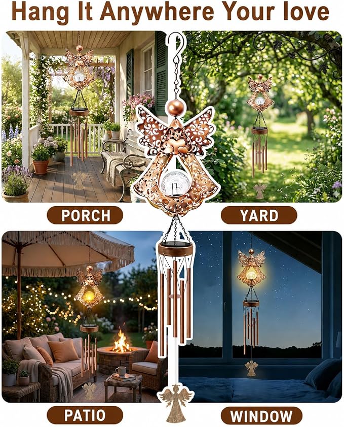 Solar Angel Wind Chimes for Outside: Melodious Birthday Gifts for Mom Women Grandma Her Wife - Weatherproof Metal Outdoor Decor Easy Hanging for Garden Patio Tree Window Memorial