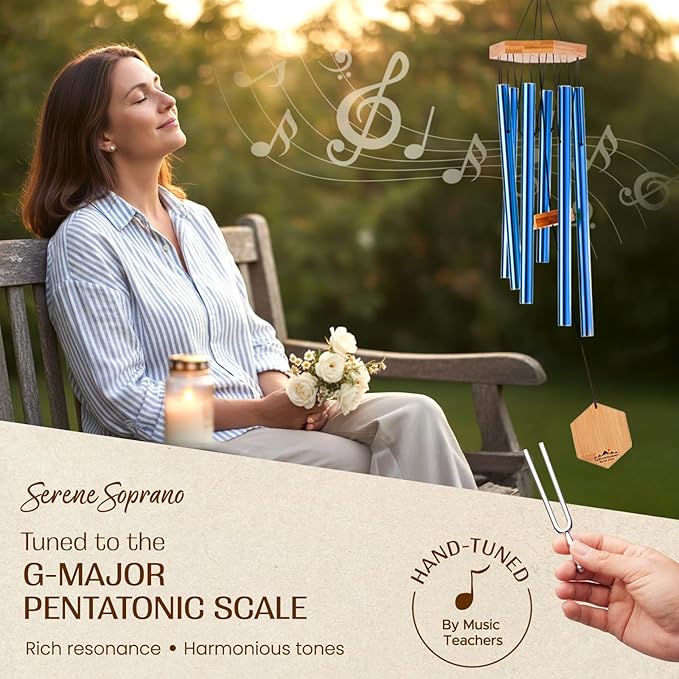 Blue Wind Chimes for Outside, 29 Inch Hand Tuned G Major Pentatonic Wind Chime, Memorial Sympathy Gift for Loss of Loved One, Deep Tone Aluminum Bamboo Garden Patio Porch Decor