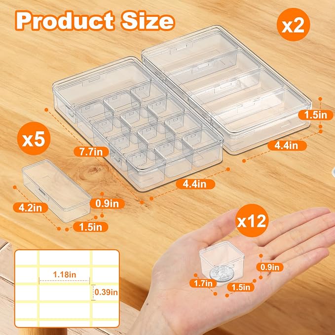 Bead Organizer Box, 2 Pack Small Clear Plastic Storage Containers Features Hinged Lid and Labels, Craft Storage Box for Jewelry, Diamonds, Clay Beads, Bracelets, Screws, Seeds, Small Parts