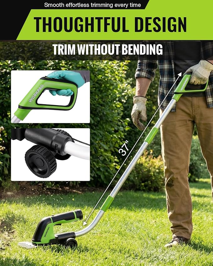 WORKPRO 12V Cordless Grass Shear, 2-in-1 Electric Hedge Trimmer & Grass Cutter, with 37’’ Wheeled Extension Pole, 2.0Ah Battery, 1-Hour Fast Charger, Lightweight Bush Trimmer for Lawn and Garden