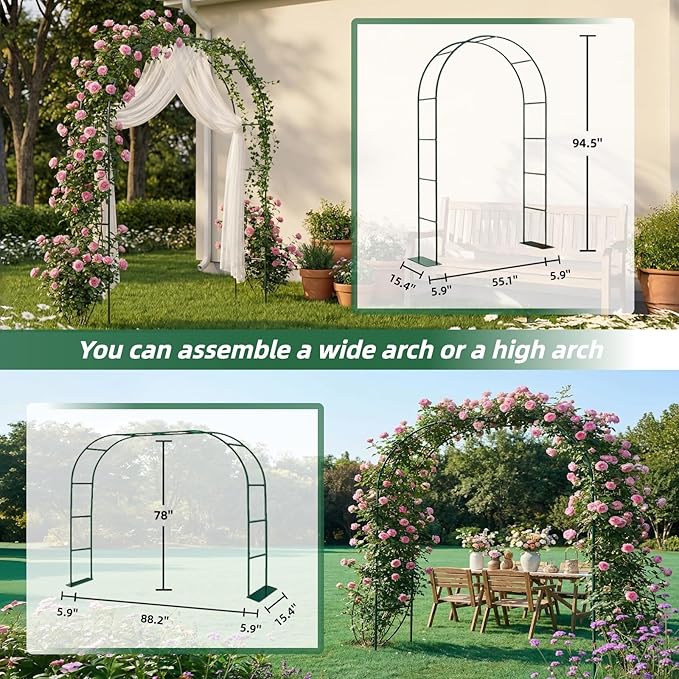 Thickened Tube GreenGiggle 100% Metal 16mm Pipe Diameter Heavy Duty Garden Arch Trellis with Base,7.6ft Trellis for Climbing Plants,Roses,Garden Party,Ceremony & Decorations