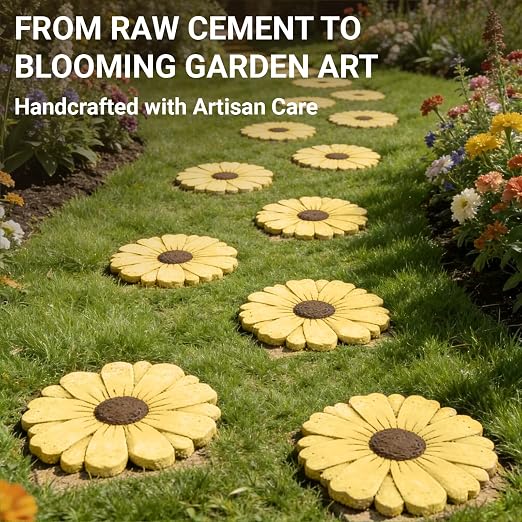 2 Pack Daisy Cement Stepping Stones 10 Inch, Heavy Duty Garden Pathway Stones, Non Slip Outdoor Walkway Decor for Yard Patio Lawn, Weather Resistant Cement Stepping Stones (Yellow)