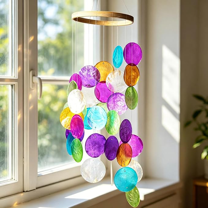 YUFENG Wind Chimes Outdoor Decor, Metal Memorial Windchimes Hanging Decoration for Garden Home Yard and Christmas Tree, 19.6''Rainbow Capiz Seashell Handmade Painted Coastal Mobile
